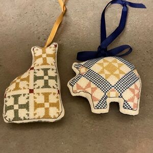 Handcrafted Cross-Stitch Animal Ornaments, set of 2. 1980’s. Mint, fabric as new
